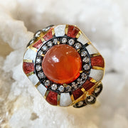 Fire Opal Cabochon, Diamond, & Enamel Ring - "Fireheart"