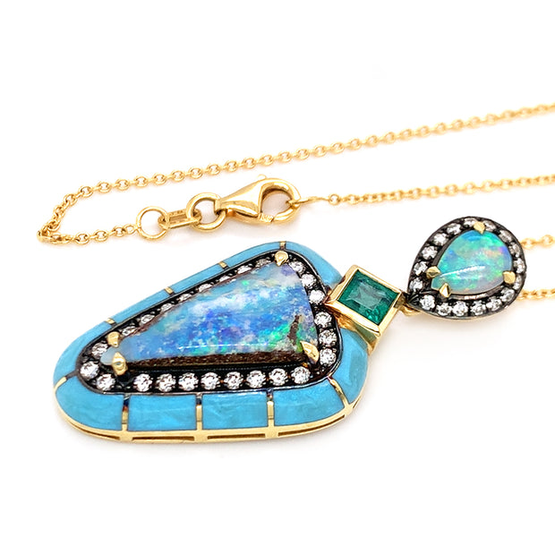 One-Of-A-Kind Opal, Emerald, Diamond & Enamel Necklace - "Tropical Waters"