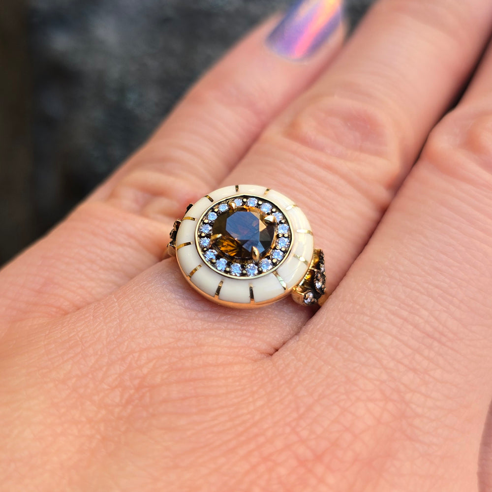 Orange-Brown Montana Sapphire & Enamel Ring - "Rock Candy Caramel Glow"