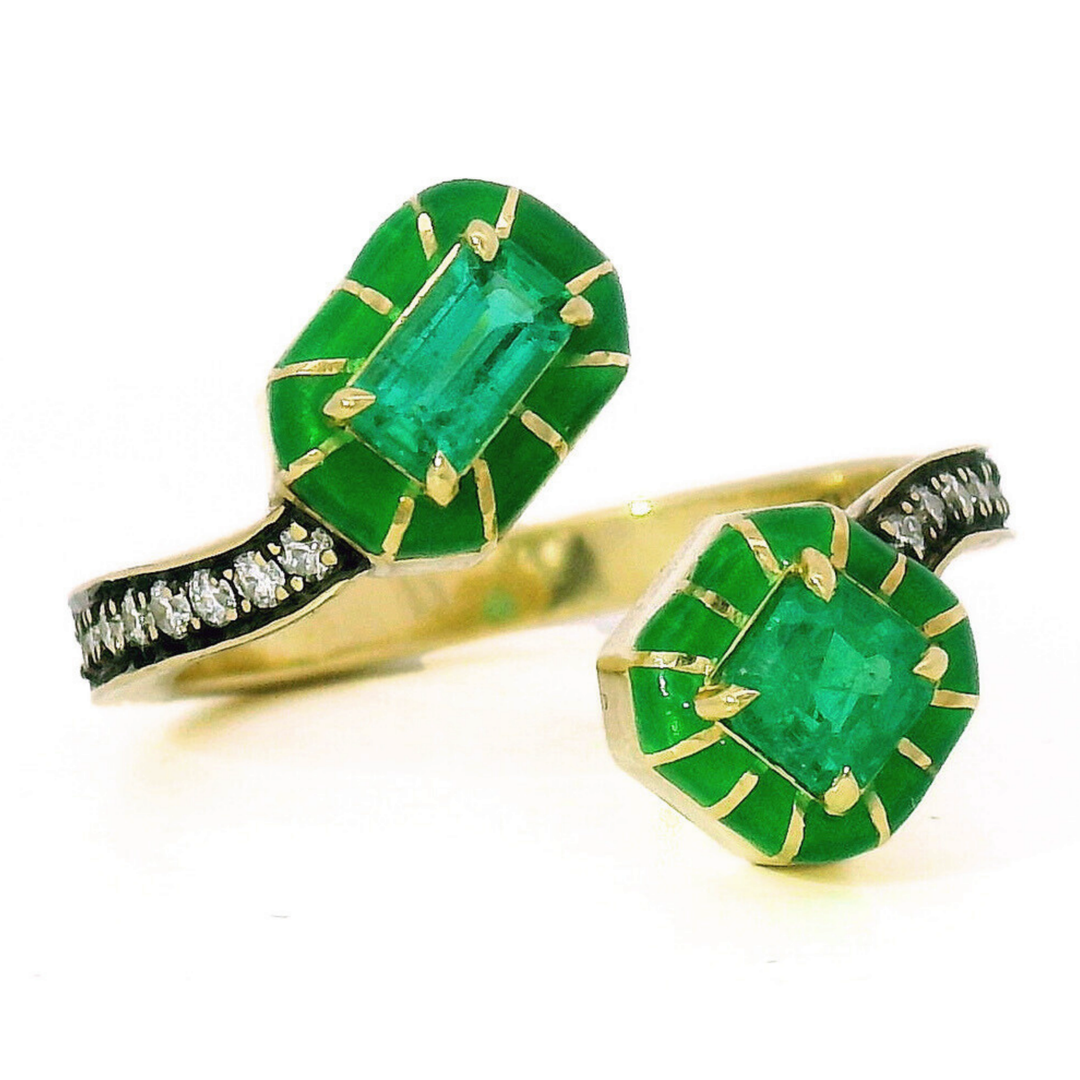 One-of-a-Kind Emerald, Diamond & Enamel Bypass Ring - "Wicked Twist"