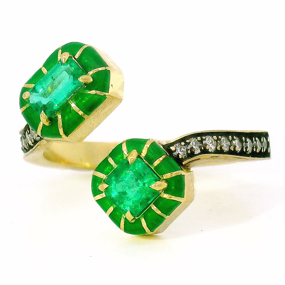 One-of-a-Kind Emerald, Diamond & Enamel Bypass Ring - "Wicked Twist"