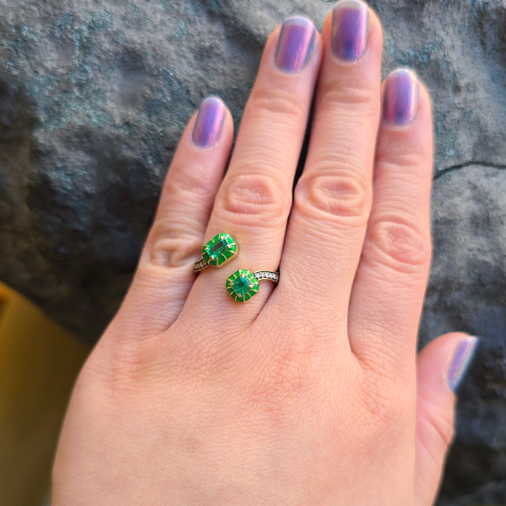 One-of-a-Kind Emerald, Diamond & Enamel Bypass Ring - "Wicked Twist"