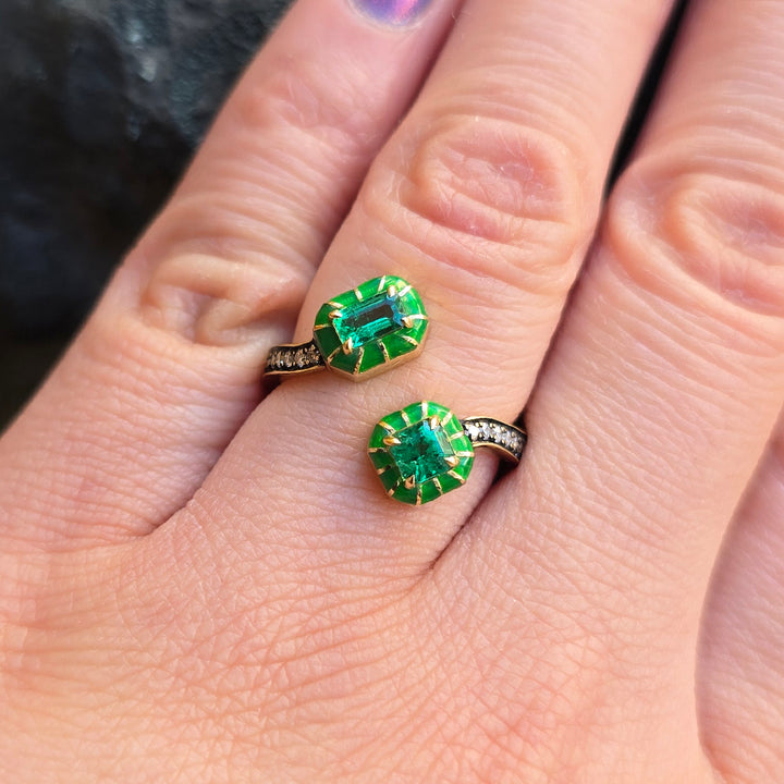 One-of-a-Kind Emerald, Diamond & Enamel Bypass Ring - "Wicked Twist"