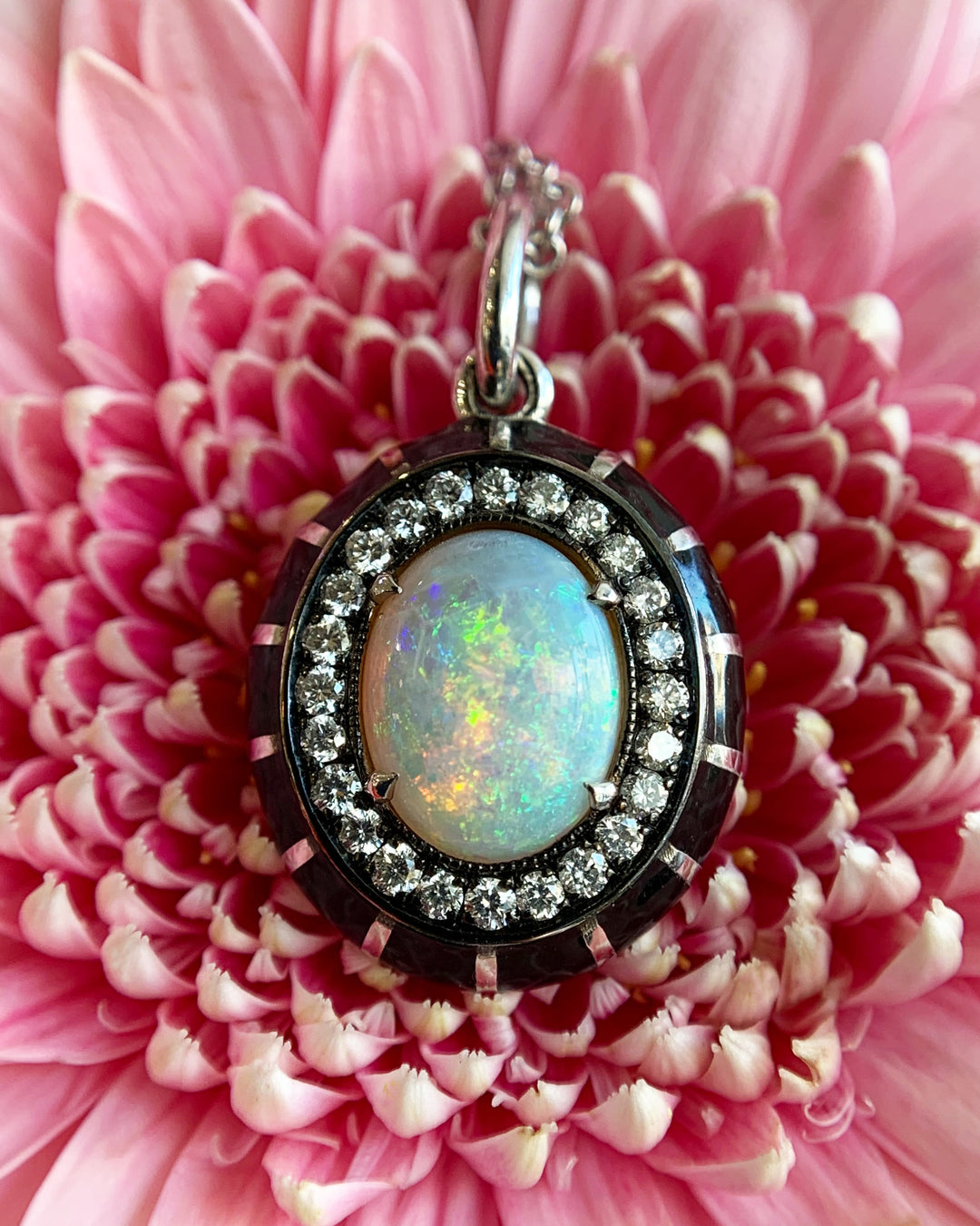 Opal Cabochon, Diamond & Enamel Necklace - 