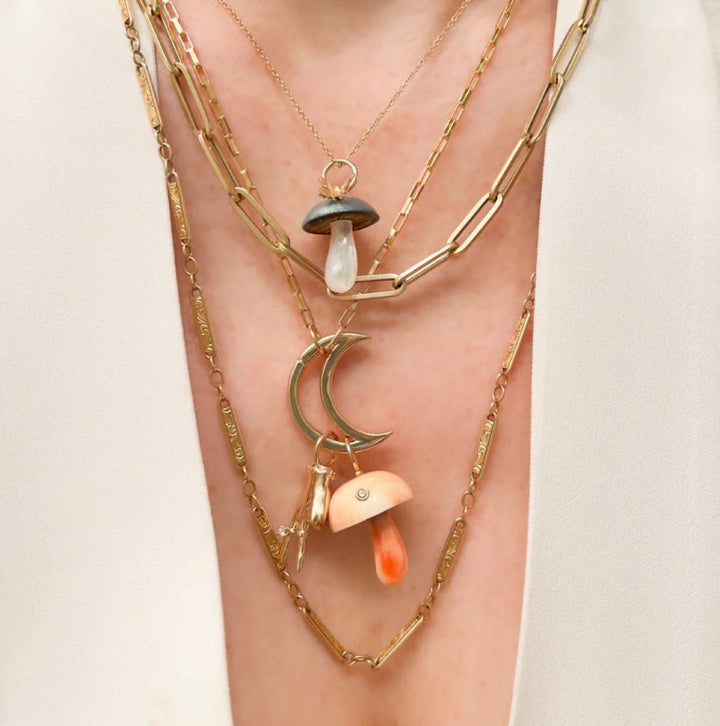 Apricot Conch Shell Mushroom & Diamond Pendant - "Mycena"