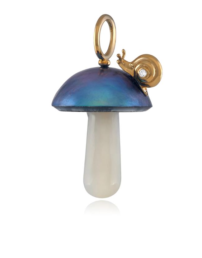 Blue Mabe Pearl Mushroom & Snail Pendant - "Escar-Gold"