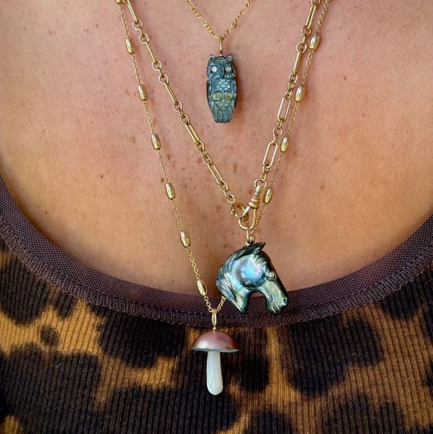 Iridescent Copper Mabe Pearl Mushroom Pendant - "Cyprus Mycena"