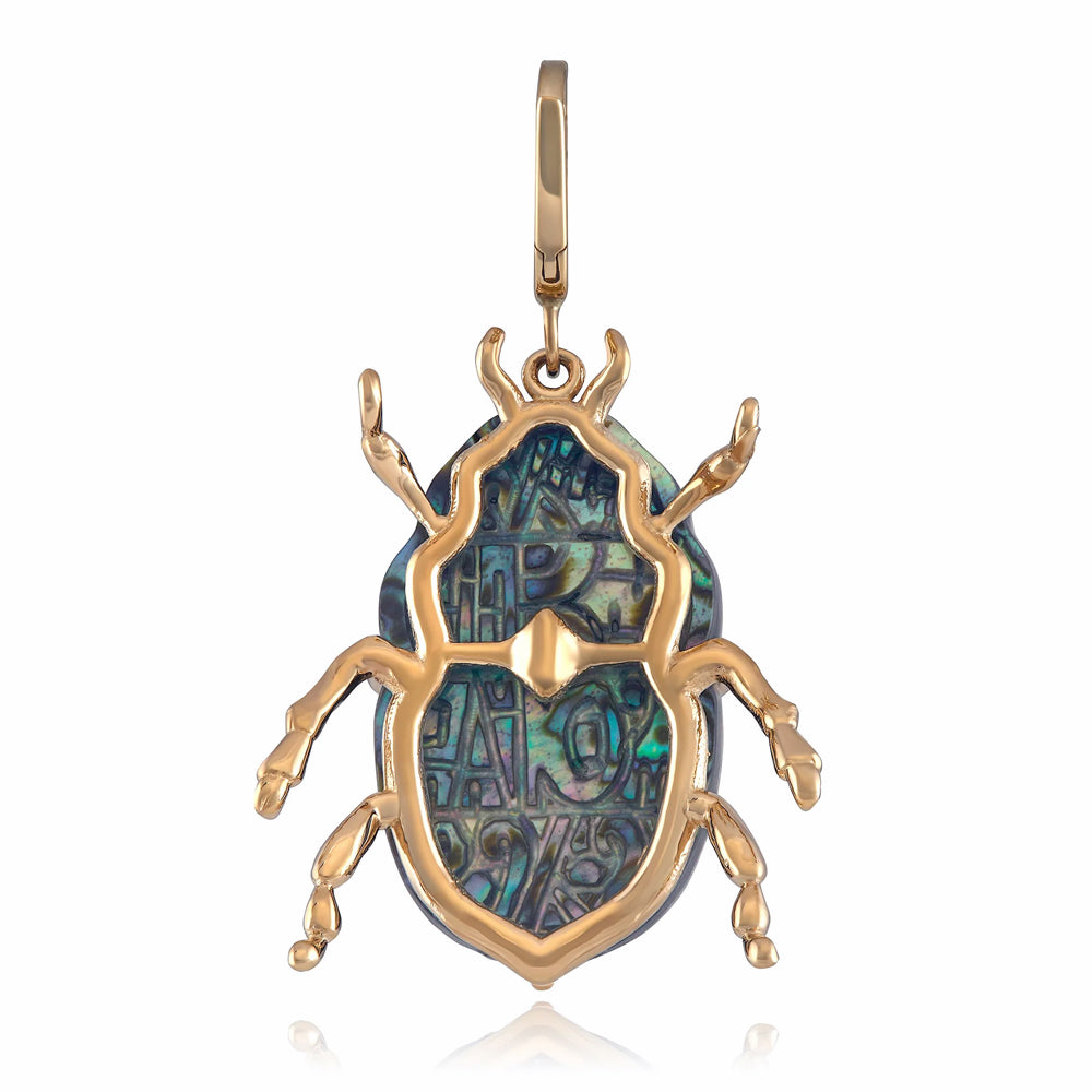 Carved Chalcedony, Abalone & Diamond Pendant - "Luminescent Scarab Beetle"