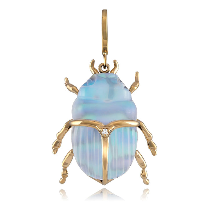 Carved Chalcedony, Abalone & Diamond Pendant - "Luminescent Scarab Beetle"