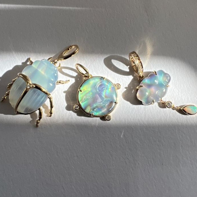 Carved Chalcedony, Abalone & Diamond Pendant - "Luminescent Scarab Beetle"