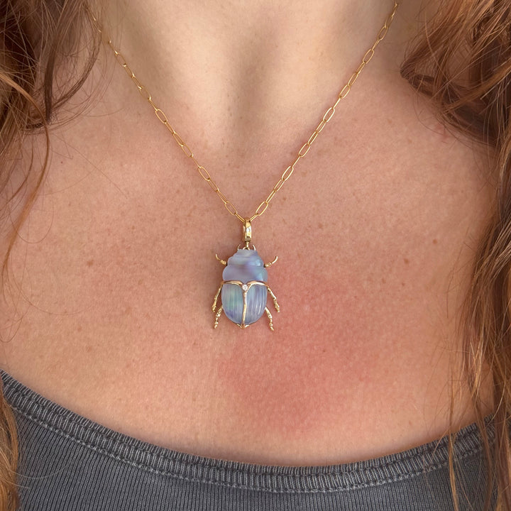 Carved Chalcedony, Abalone & Diamond Pendant - "Luminescent Scarab Beetle"