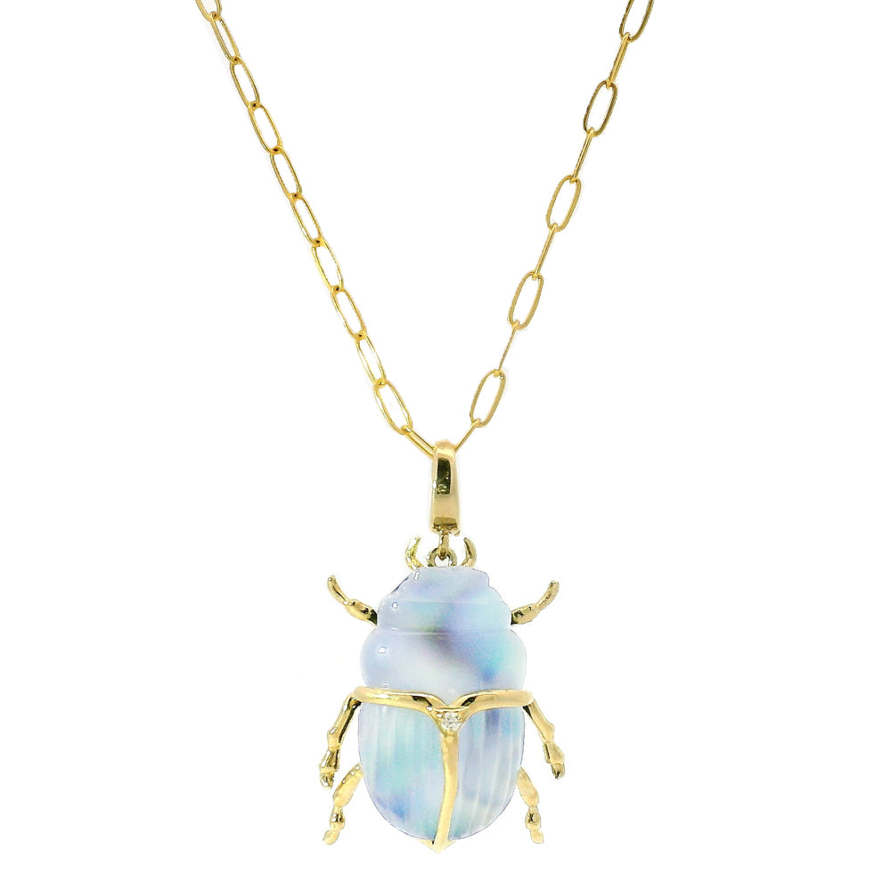 Carved Chalcedony, Abalone & Diamond Pendant - "Luminescent Scarab Beetle"