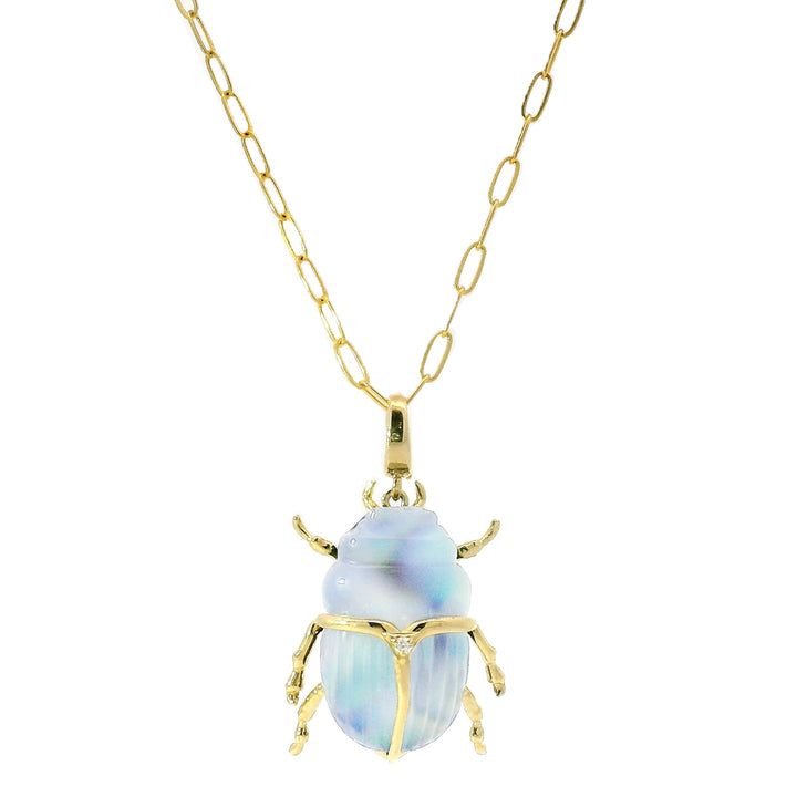 Carved Chalcedony, Abalone & Diamond Pendant - "Luminescent Scarab Beetle"