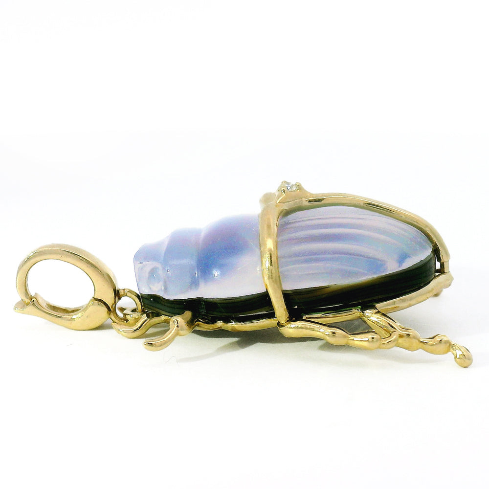 Carved Chalcedony, Abalone & Diamond Pendant - "Luminescent Scarab Beetle"