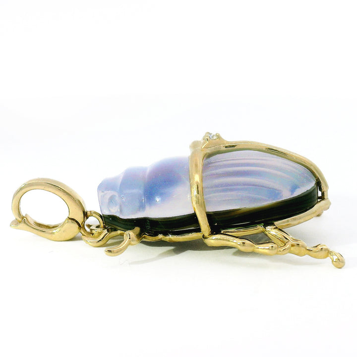 Carved Chalcedony, Abalone & Diamond Pendant - "Luminescent Scarab Beetle"
