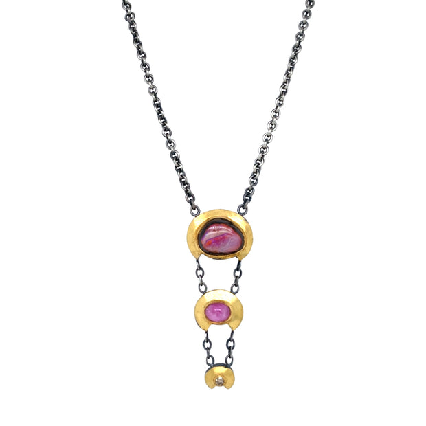 One-of-a-Kind Koroit Opal & Pink Montana Sapphire Cabochon Necklace - "Trapeze"