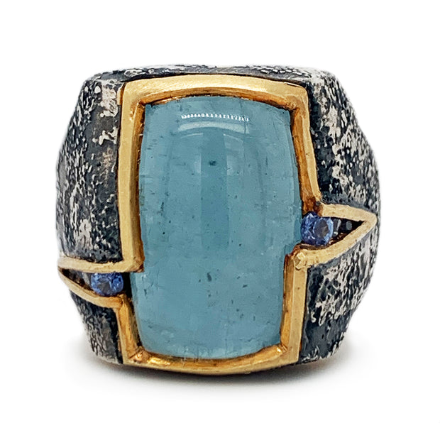 Aquamarine Cabochon & Sapphire Pleated Ring