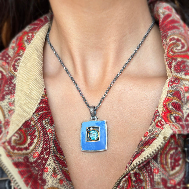 Blue Topaz, Sapphire, Diamond, & Enamel Necklace - "Clear Skies"