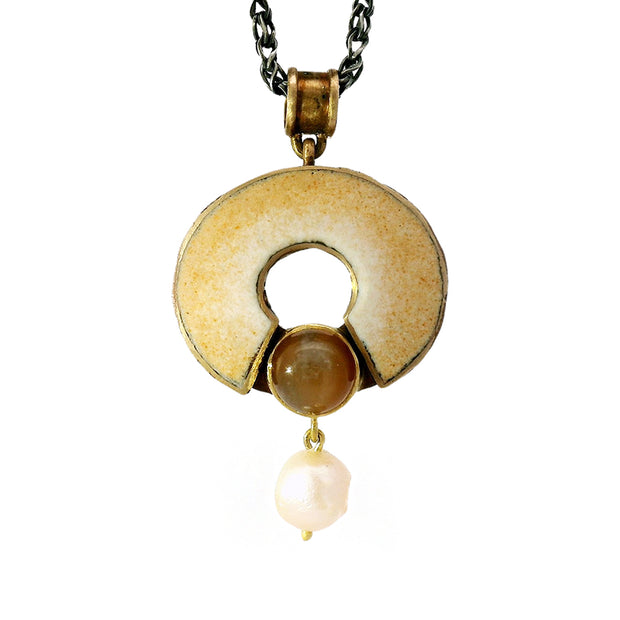 Moonstone, Pearl, & Enamel Necklace - "Peach Daze"