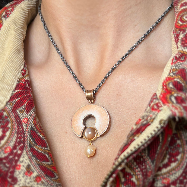 Moonstone, Pearl, & Enamel Necklace - "Peach Daze"