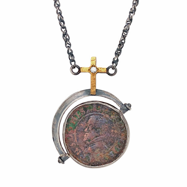 One-of-a-Kind Spanish Liard Coin & Cross Two-Tone Necklace - "Peace & Justice"