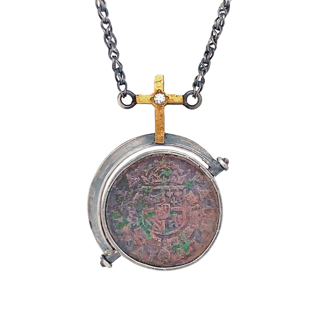 One-of-a-Kind Spanish Liard Coin & Cross Two-Tone Necklace - "Peace & Justice"