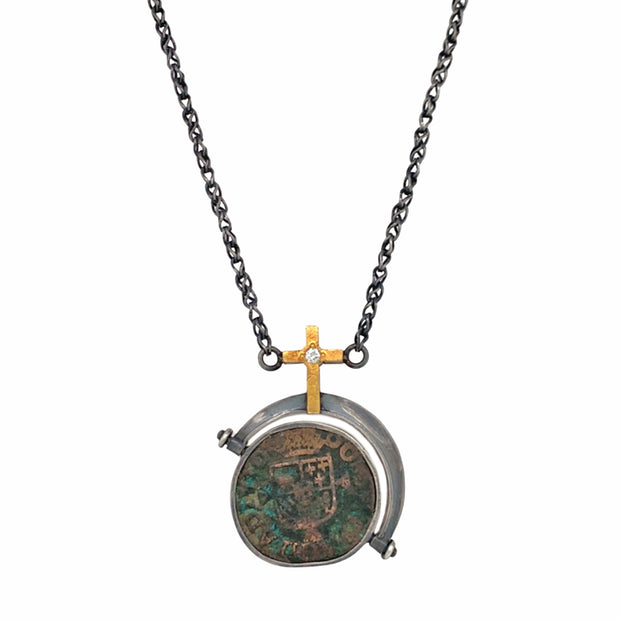 One-of-a-Kind Spanish Liard Coin & Cross Two-Tone Necklace - "Lord is my Helper"