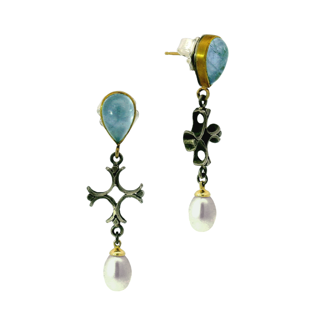 Aquamarine & Akoya Pearl Drop Earrings - "Aquitaine"