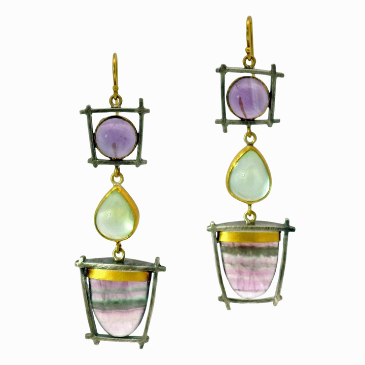Amethyst, Prehnite & Fluorite Drop Earrings - "Suspension"