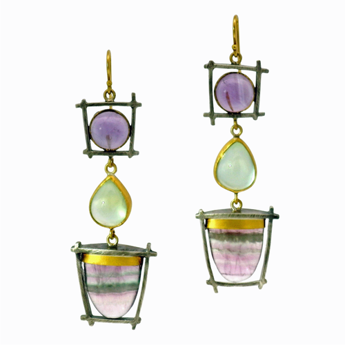 Amethyst, Prehnite & Fluorite Drop Earrings - "Suspension"