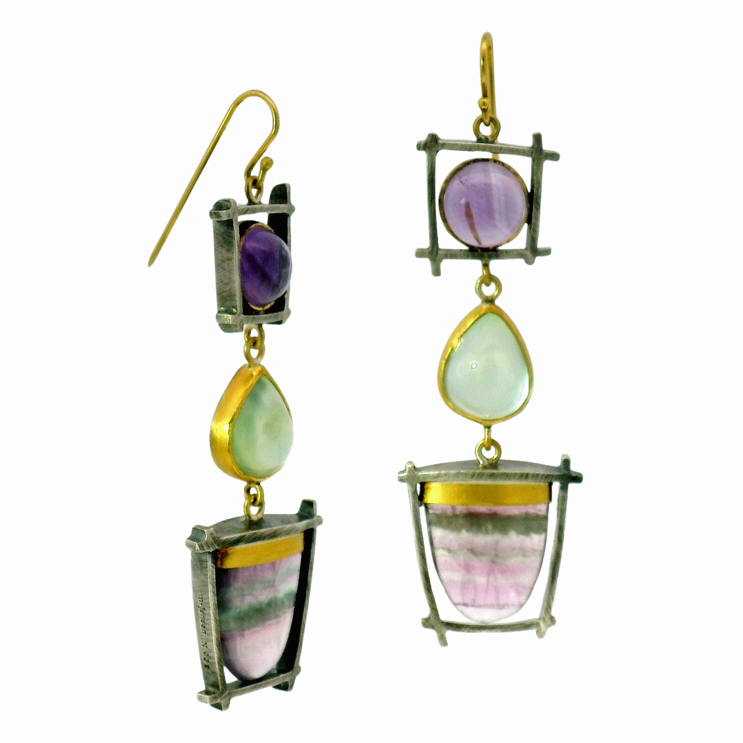 Amethyst, Prehnite & Fluorite Drop Earrings - "Suspension"