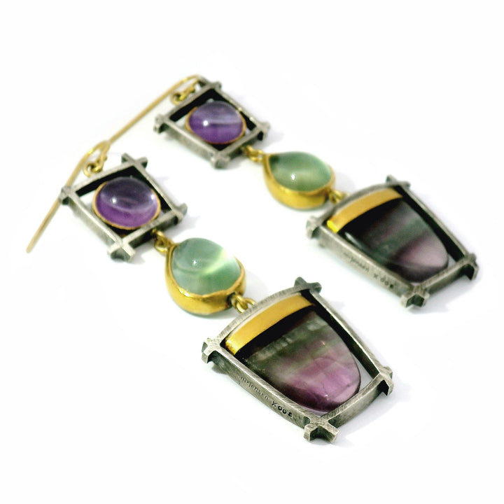 Amethyst, Prehnite & Fluorite Drop Earrings - "Suspension"