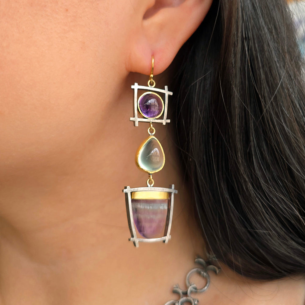 Amethyst, Prehnite & Fluorite Drop Earrings - "Suspension"