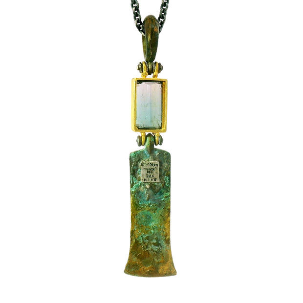 Parti Colored Tourmaline & Antiqued Bronze Drop Necklace - "Xiphos"