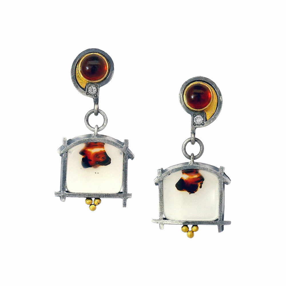 Asymmetrical Montana agate drop earrings with citrine and diamond accents, Alara Jewelry Bozeman