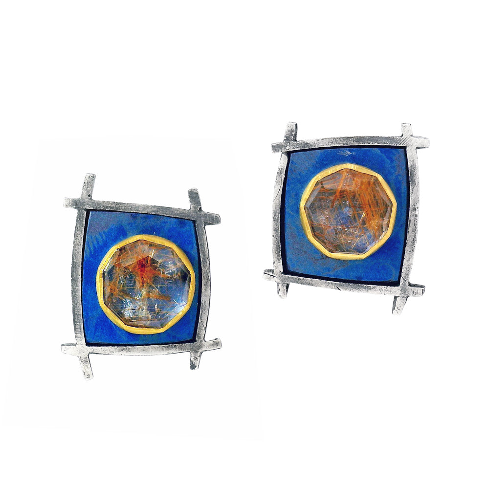 Rutilated quartz stud earrings with 22K gold and anodized titanium by Michael Jenson