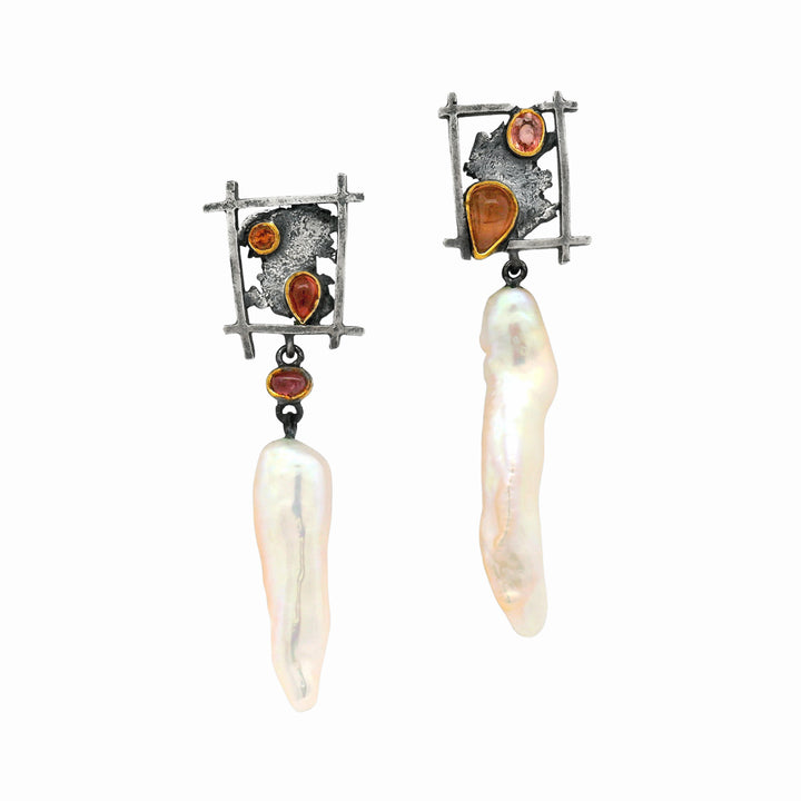Kinetic asymmetrical stud drop earrings featuring long pearls and pink sapphire accents