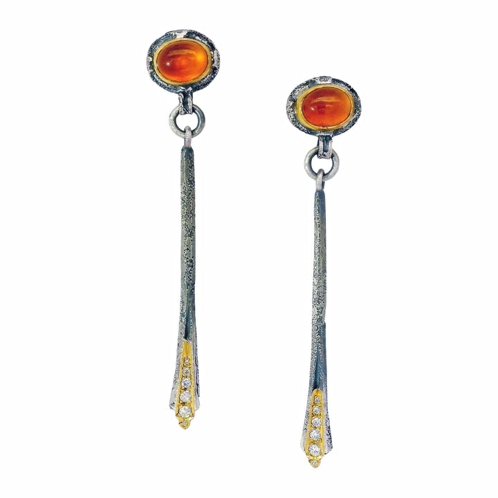Spessartite garnet drop earrings with oxidized silver and 22K gold diamond tips