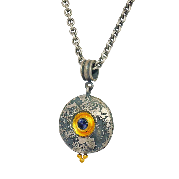 Deep Blue Montana Sapphire, Silver & Gold Necklace - "Mini Maru"