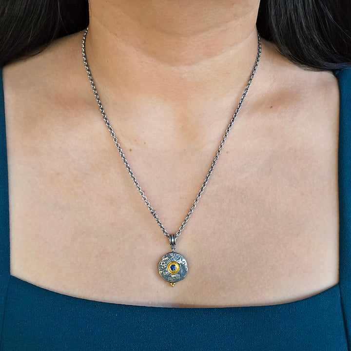 Deep Blue Montana Sapphire, Silver & Gold Necklace - "Mini Maru"