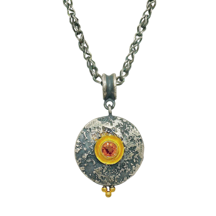 Orange Montana Sapphire, Silver & Gold Necklace - "Mini Maru"
