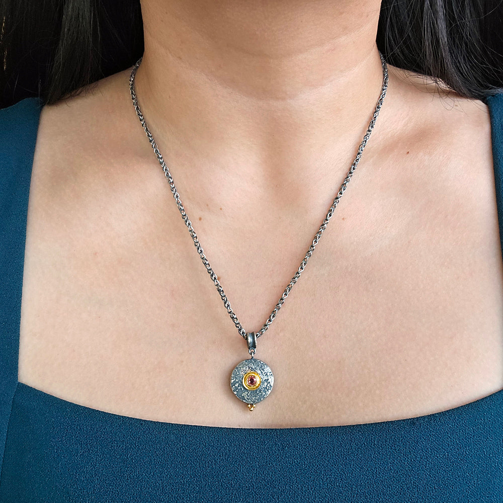 Orange Montana Sapphire, Silver & Gold Necklace - "Mini Maru"