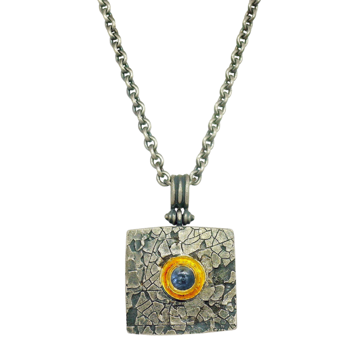 Blue Montana Sapphire, Silver & Gold Necklace - "Mini Square"