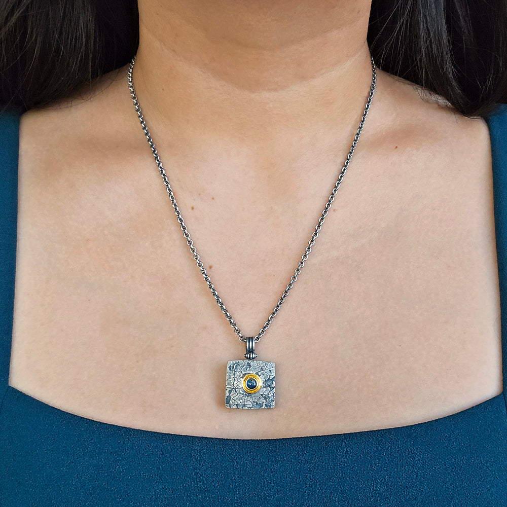 Blue Montana Sapphire, Silver & Gold Necklace - "Mini Square"