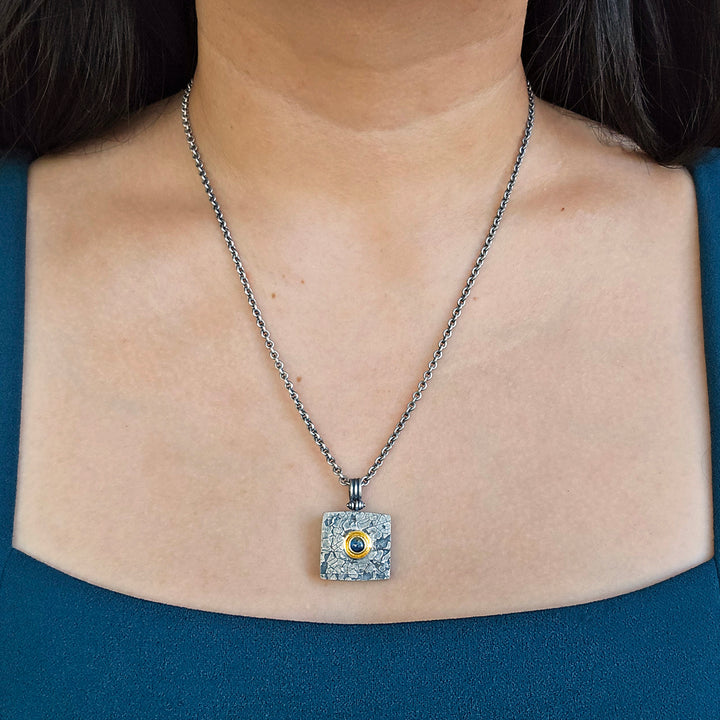 Blue Montana Sapphire, Silver & Gold Necklace - "Mini Square"