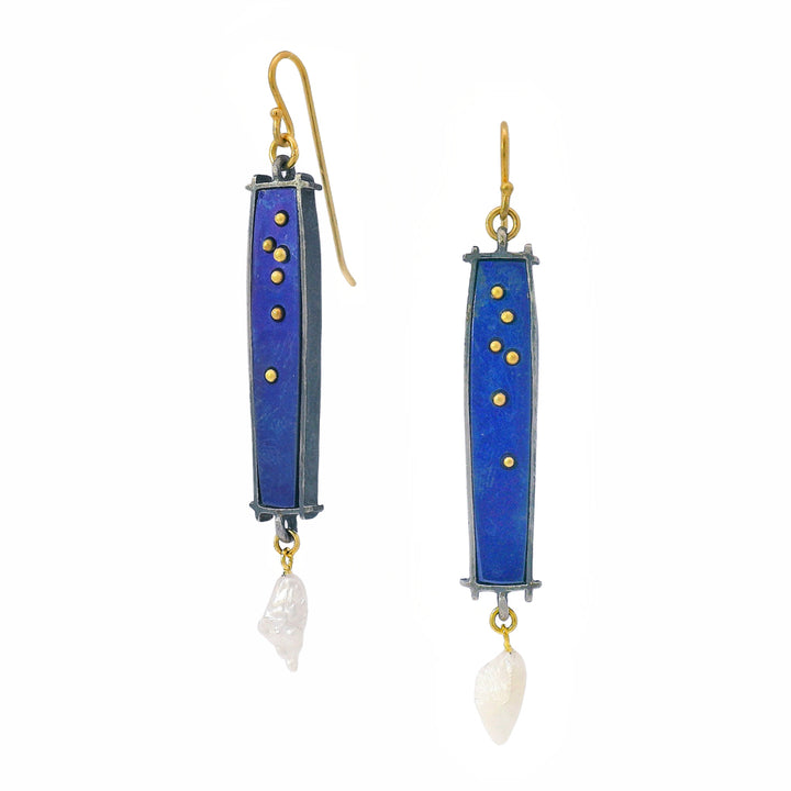 Anodized Titanium, Gold & Pearl Drop Earrings- "Deep South Shoji"
