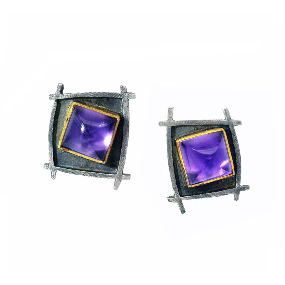 Amethyst, 22K & Sterling Silver Stud Earrings- "Shoji Sugarloaf"