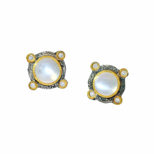 Moonstone & Diamond Mixed Metal Stud Earrings- "Romanesque Alabaster"