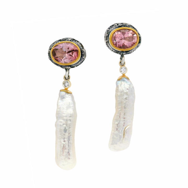 Pink tourmaline and freshwater pearl drop earrings by Michael Jensen in gold and silver
