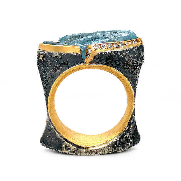 Aquamarine & Diamond Sterling Silver Ring - "Pleated"